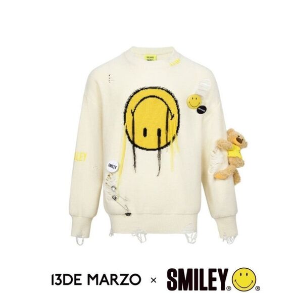 13De Marzo x Smiley Broken Suture Pin Knit White Dress SweaterCrew  Size S-L - Picture 7 of 16
